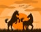 Vector illustration of two horse lovers Playing happily in the fields at sunset.