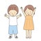 Vector illustration of two kids, boy with thumbs up and girl with raised arms & fits celebrating success. Sign and gesturing