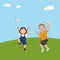 Vector illustration of two little boys play paper airplane in the green fields on spring or summer, School having fun playing