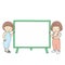 Vector illustration of two little kids, boy and girl, pointing at blank whiteboard for presentation, brochure or banner