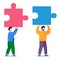 Vector illustration of two men with pieces of puzzle, joining element, partnership, teamwork concept