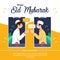 vector illustration of two Muslim youths greeting each other, saying happy Eid al-Fitr through their gadgets