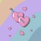 Vector illustration of two pink hearts pierced by Cupid`s arrow on a colored striped background with small hearts around