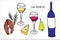 Vector illustration of two wine glasses, bottle, cheese, salmon, pear. Doodle set. Hand drawn cartoon Isolated. Tasty