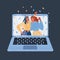 Vector illustration of two woman celebrate online. Two happy girl have party at laptop screen on dark backround.