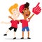 Vector illustration of two young sports Fans in red shirts wearing foam hand rooting for their team isolated on white background