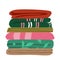 Vector illustration of typical mix matched worn towels folded flat in layers. Ordinary bath towels in a pile