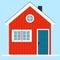 Vector illustration of typical Norwegian wooden house. Red rural house with a flue and windows. Log house icon