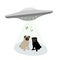 Vector illustration, UFO steals food from dogs, black and white pug