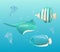 Vector illustration underwater world. Inhabitants of the sea or ocean swimming in blue water. Cartoon poisonous jellyfish, striped