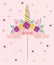 Vector illustration with Unicorn Horn, ears, flower wreath, pink ribbon as topper, patch, sticker.