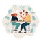Vector illustration of unrequited love. Bored woman and man in love have a bad date in a cafe.
