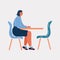 Vector illustration of Upset woman sitting alone at table. Empty chair opposite of her.