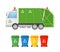 Vector illustration of urban sanitary vehicle garbage loader truck and containers for different types of garbage. Waste