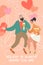Vector illustration of Valentines day with a couple dancing and drinking wine.