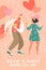 Vector illustration of Valentines day with a happy couple dancing and drinking wine.