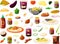 Vector illustration of various Asian Indian food cooking ingredients and traditional dishes