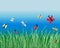 Vector illustration of various cartoon insects in green grass on blue sky background