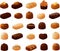 Vector illustration of various filled chocolates with different shapes and toppings