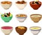 Vector illustration of various international soups in different traditional bowls