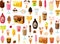 Vector illustration of various kinds of colorful ice creams and dairy food products and ice pops