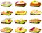 Vector illustration of various kinds of Danish open faced sandwiches or smÃ¸rrebÃ¸d