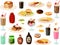 Vector illustration of various kinds of typical American diner foods such as burgers, pancakes and waffles