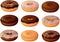 Vector illustration of various old plain, glazed and chocolate frosted donuts or doughnuts