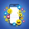 Vector Illustration Various Smiling Happy Emoticons in Front of a Smartphone Screen