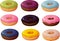 Vector illustration of various trendy hipster donuts with colorful frosting