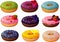 Vector illustration of various trendy hipster donuts with colorful frosting and toppings