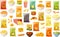 Vector illustration of various unhealty snacks such as potato chips, pop corn and pizza