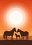 Vector illustration: Vertical Landscape with sunset and silhouette of family horses.