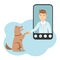 Vector illustration with a veterinary doctor and a happy dog giving a paw. Smartphone with an online doctor who helps to