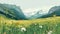 Vector illustration. View of an alpine landscape with meadows and some wild flowers in the foreground. Beautiful summer view