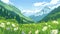 Vector illustration. View of an alpine landscape with meadows and some wild flowers in the foreground. Beautiful summer view