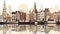 Vector illustration. View of Amsterdam with typical dutch old-fashioned houses at the riverbanks.