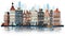 Vector illustration. View of Amsterdam with typical dutch old-fashioned houses at the riverbanks.