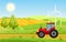 Vector illustration of village with fields and tractor working on farmed land, bright colors landscape, farm concept in