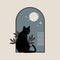 Vector Illustration Vintage Black Cat in Moonlight. Isolated. Whimsical Elegance