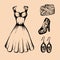 Vector illustration of vintage dress, shoes with high heels, earrings, bag in barocco style.