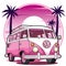 Vector illustration of vintage hippie van in pink color
