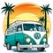 Vector illustration of vintage hippie van in turquoise color