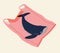 Vector illustration of a whale in a pink plastic bag in the beige sea. Concept of recycling plastic, ecology, zero waste.