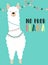 Vector illustration of a white alpaca in clothes with national motives with an inscription No prob llama on a blue background. Ima