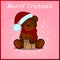 Vector illustration on a white background. Sitting fluffy cute brown teddy bear with a red Christmas Santa Claus hat.