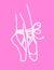 Vector illustration of a white line of a ballerina`s feet in pointe shoes with a bow drawn in the doodle style on a pink