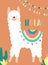 Vector illustration of a white llama or alpaca in clothes with national motifs and cacti, garlands and the word Hola on an orange