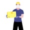 Vector illustration of white man in protective medical mask and gloves is delivering the parcel or box.  Safe contactless delivery