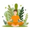 Vector illustration white sits in a lotus position in nature and midses. Keeps calm and even breathing. Corporate illustration for